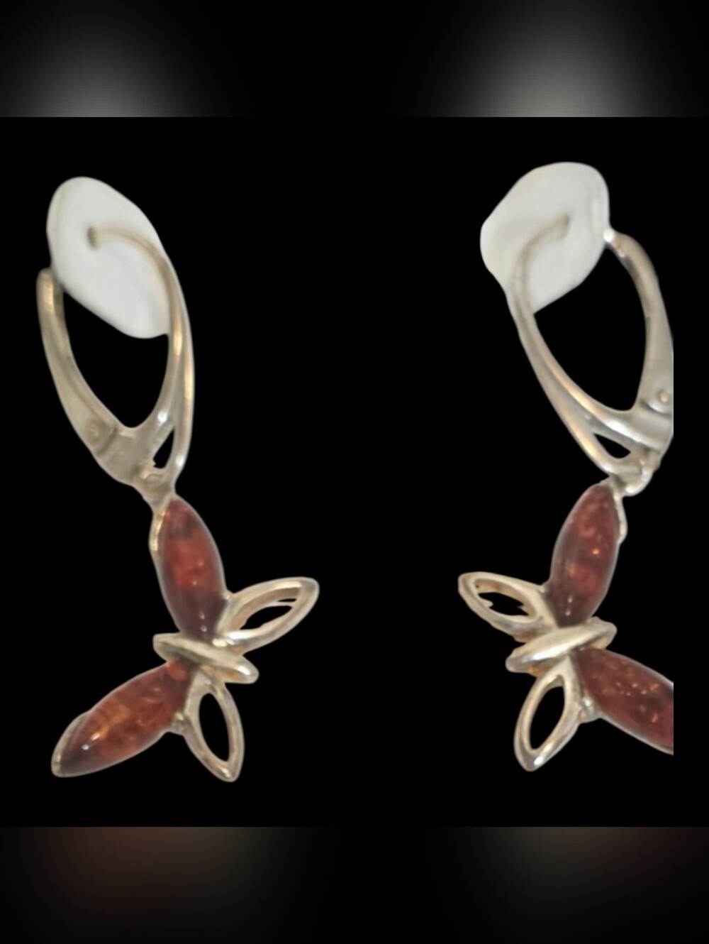 Sterling Silver Floral Drop Earrings with Red Marquise Stones